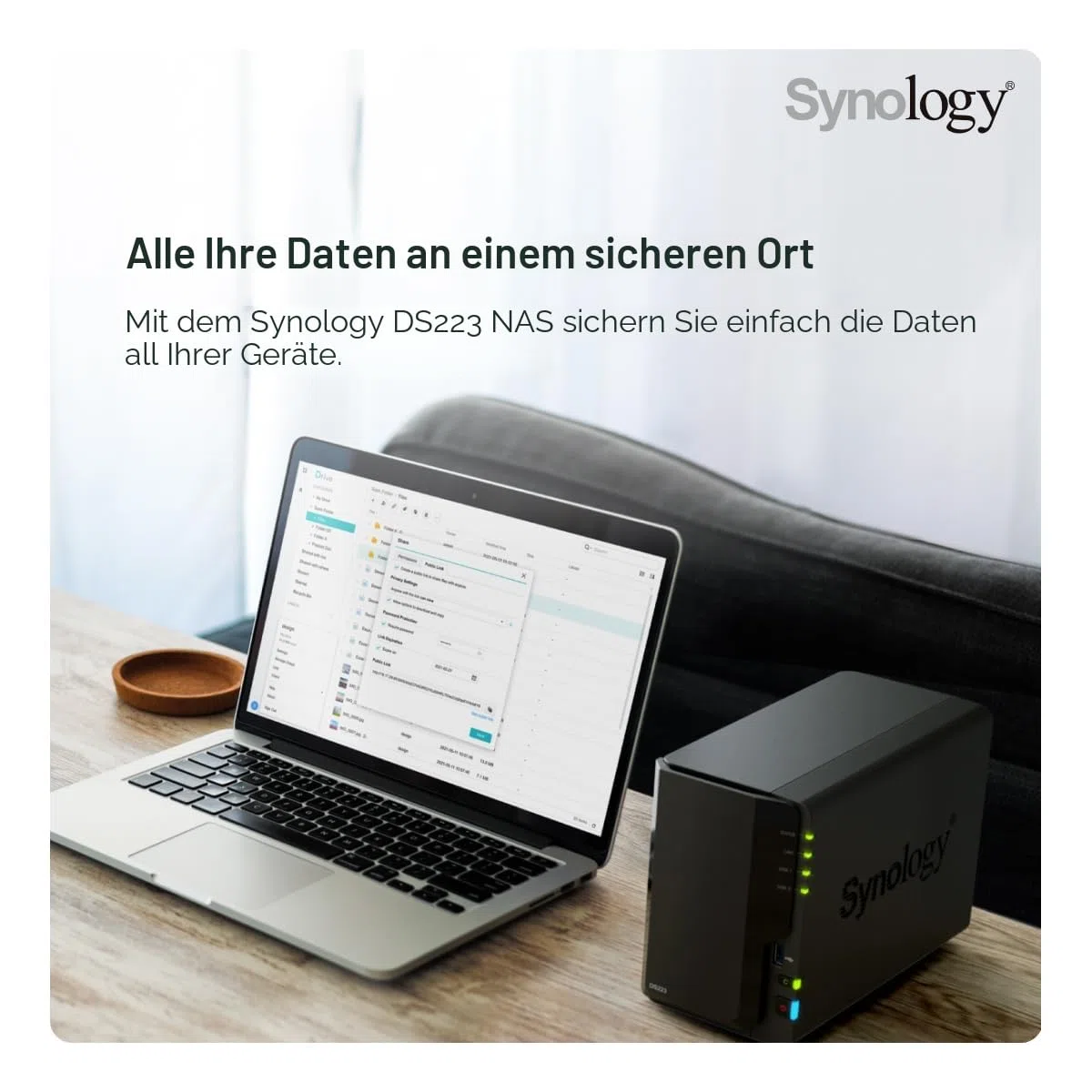 Synology DS223 2-Bay Diskstation NAS (Realtek RTD1619B Quad-Core 2GB Ram 1xRJ-45 1GbE LAN-Port), Schwarz