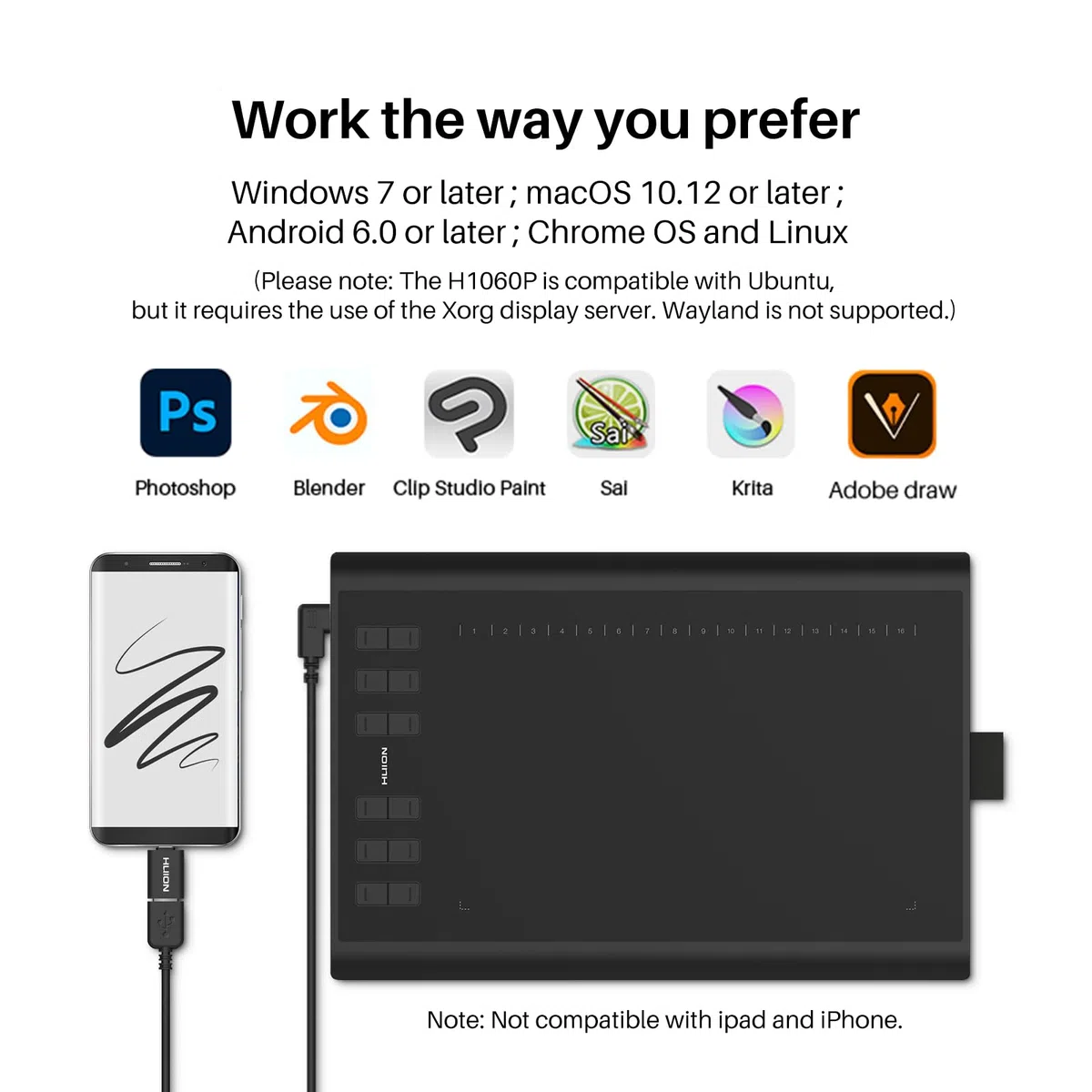 HUION Inspiroy H1060P Zeichentablett mit 8192 Druckempfindlichem, Batterielosem Stift und 12 Benutzerdefinierten Hot Keys, 10 x 6,25 Zoll Grafiktablett zum Zeichnen, Schreiben, Entwerfen, Unterrichten