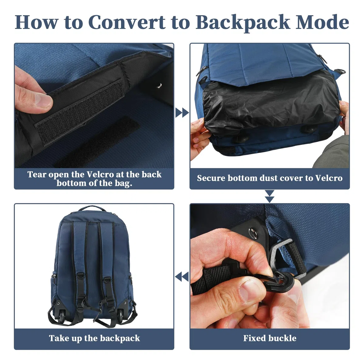 Rucksack mit Rollen, 40L 17.3 Zoll Trolley Handgepäck Laptop Reisetasche mit Rollen Groß Rucksack für Herren Arbeit, College, Blau