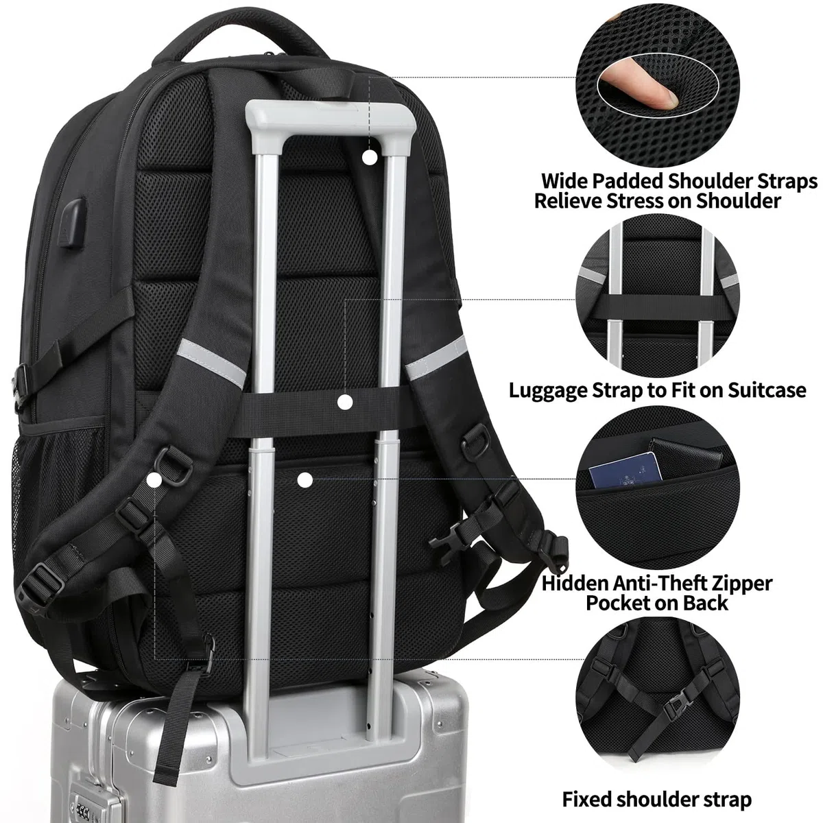 Extra Groß Rucksack Herren 55L,18.4 Zoll Laptop für Schule Arbeit mit USB Ladeanschluss Wasserdicht Business Reisen Notebook Tasche Schulrucksack für Männer Frauen Jungen Teenager Schwarz