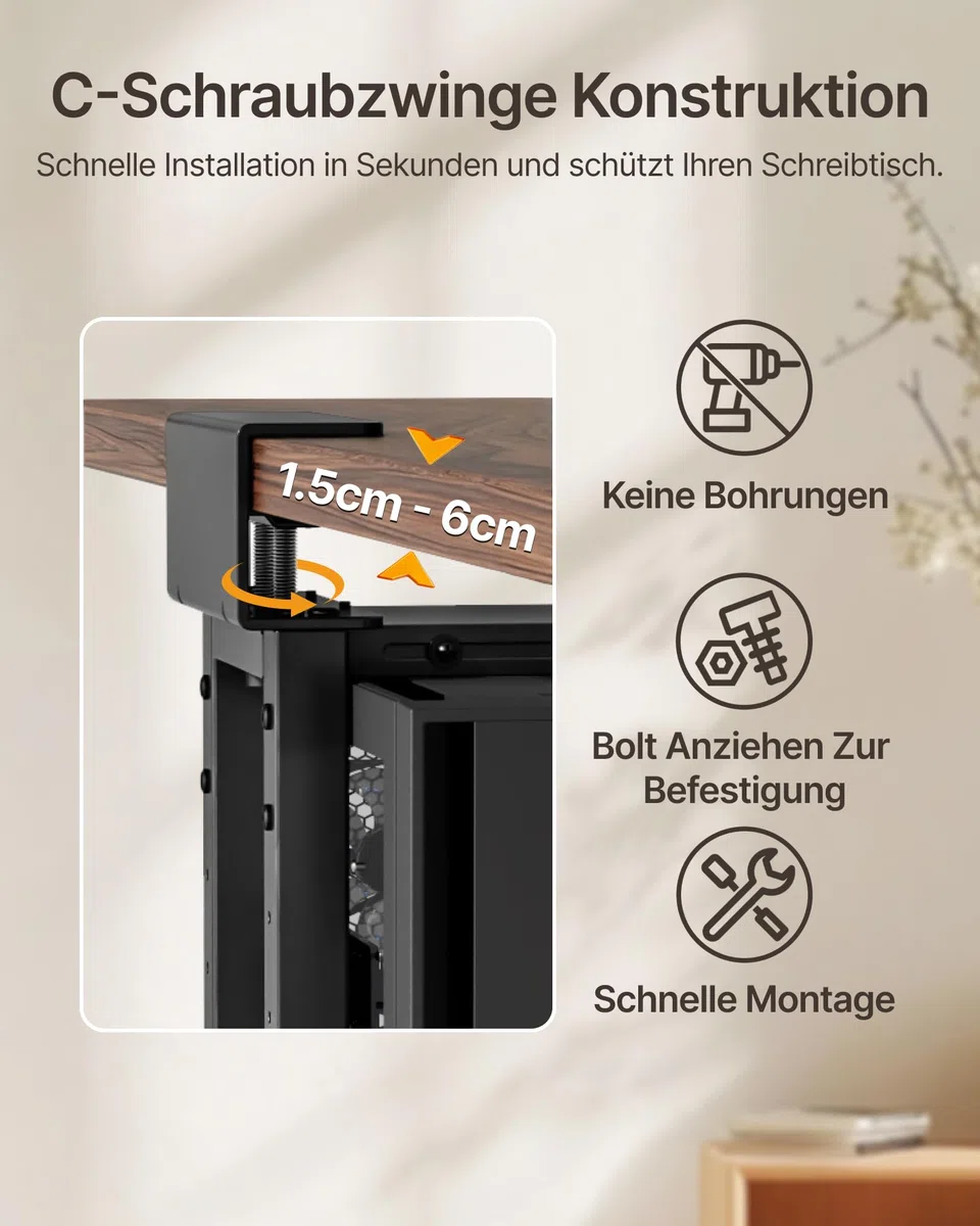 monTEK 30KG Heavy-Duty PC-Halterung unter Schreibtisch, Ohne Bohren montierbar, Verstellbare PC-Halterung mit Schutzpolstern, 16,1"-25,6" Höhe, ideal für Büro, Zuhause, Klassenraum, Schwarz