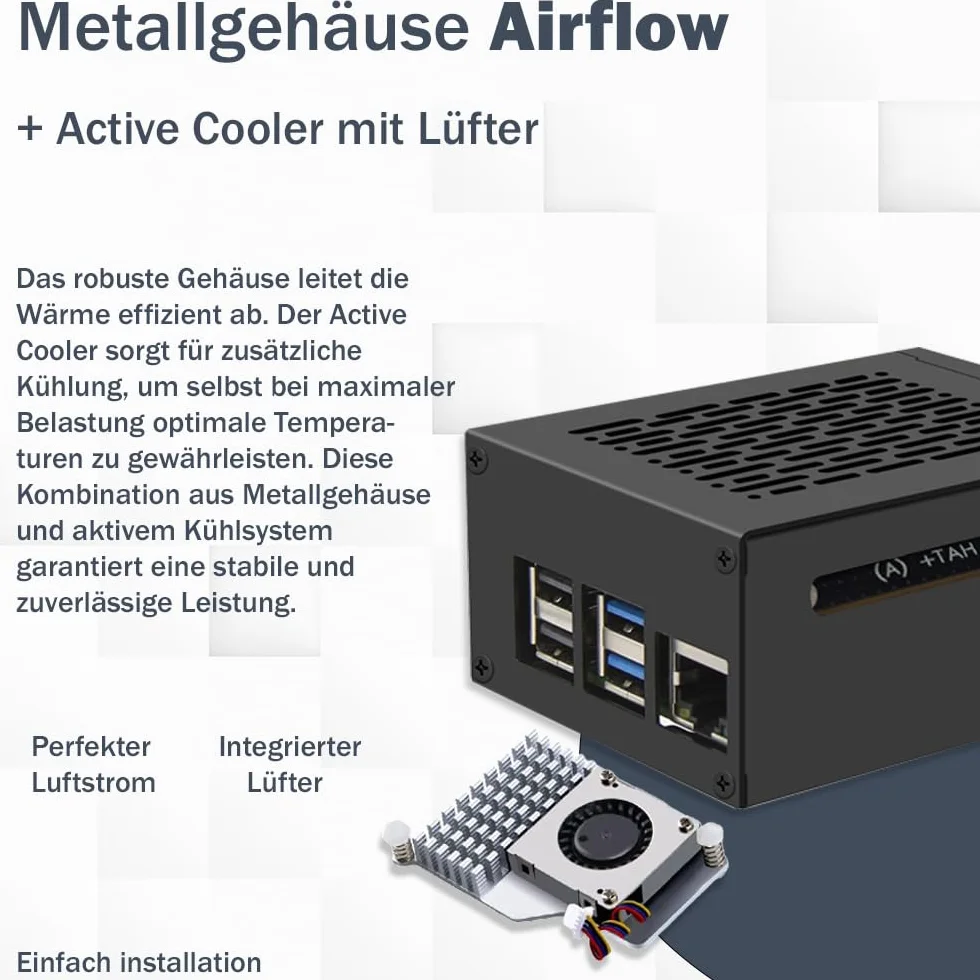 Raspberry Pi 5 8GB PCIe M.2 NVMe - Kit | Metallgehäuse | Active Cooler | M.2 NVMe SSD PCIe Board | USB-C 27W Netzteil | 4K Micro HDMI Kabel | Ideal für Home Assistant