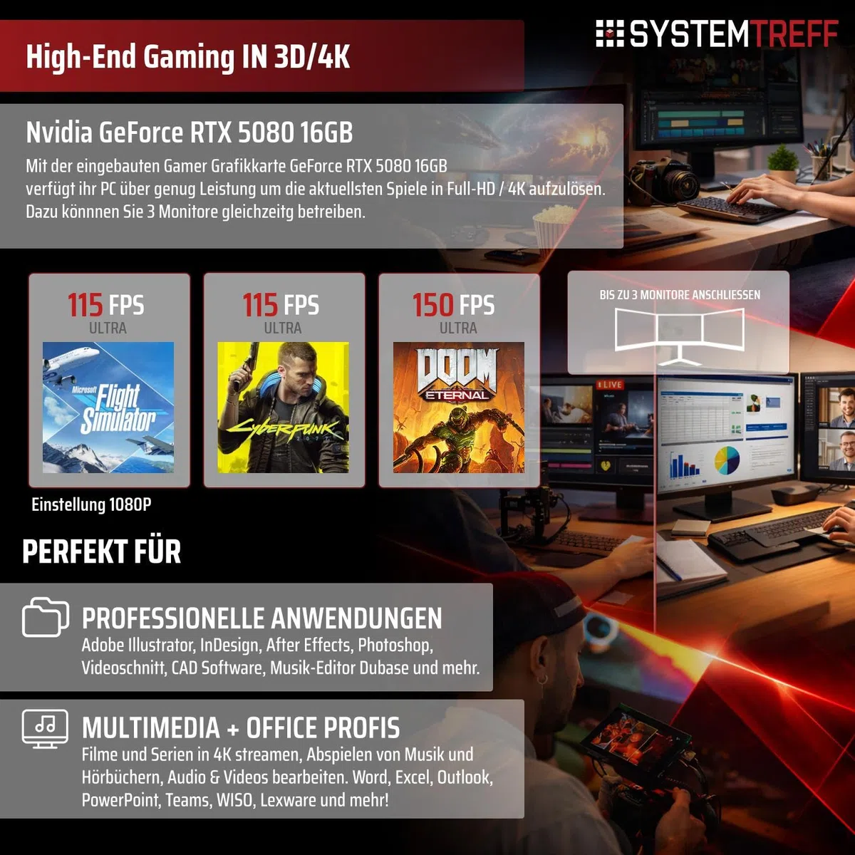 SYSTEMTREFF High-End Gaming PC AMD Ryzen 7 9800X3D 8x5.2GHz | Nvidia RTX 5080 16GB DX12 | 1TB M.2 NVMe | 32GB DDR5 RAM | Windows 11 | Desktop Computer Rechner für Gamer, Zocker & Streamer