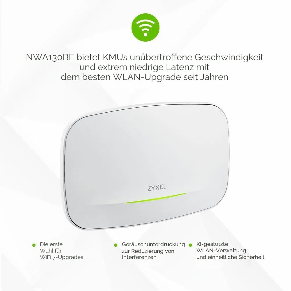 Zyxel WiFi 7 BE11000 WLAN Access Point PoE | 2x 2,5G Ethernet Ports | PoE+ | Enterprise-klasse Triple-Radio | Mesh | Cloud, App oder Standalone Management | USB-C-Netzteil (Nicht Enthalten) [NWA130BE]