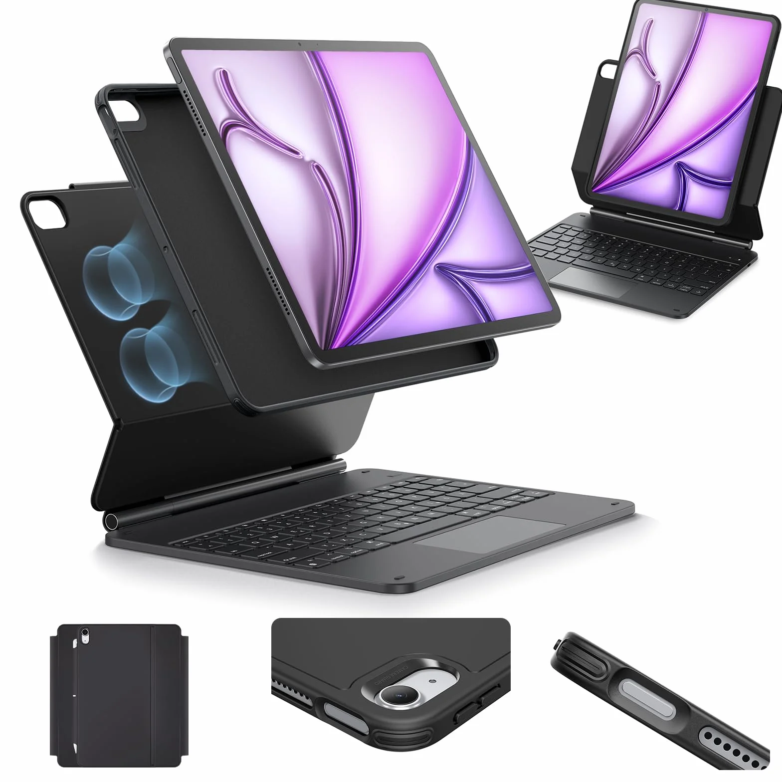 ESR 【Upgraded】 iPad Air 13" (M4/M3/M2, 2026/2025/2024) Hülle mit Tastatur, Tastaturhülle mit Einzustellendem Magnetständer, Hoch-/Erhöhter Modus, Abnehmbare Schutzhülle, Rebound 360 Serie, Schwarz