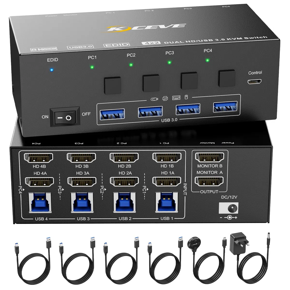 KVM Switch 4 Computer 2 Monitore, KCEVE 8K@60Hz, 4K@144 Hz USB 3.0 HDMI KVM-Umschalter mit EDID-Emulator für 4PC Share Maus Tastatur und Monitor, stabiler Chip, hohe Kompatibilität