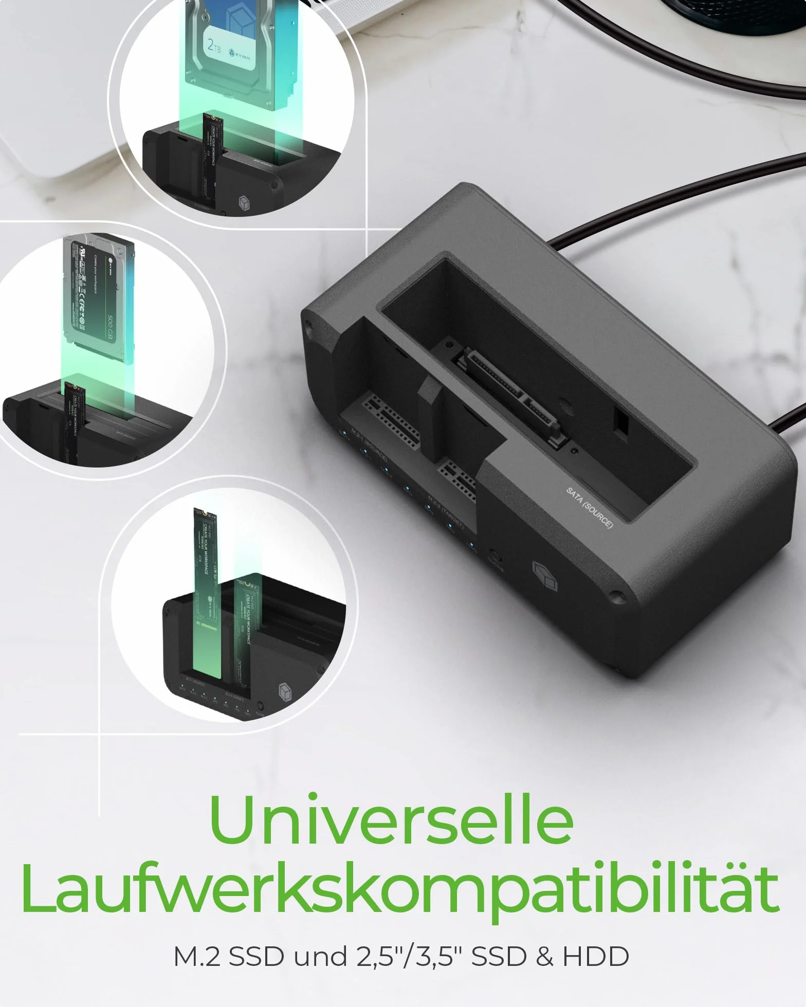 ICY BOX HDD/M.2 NVMe SSD Docking Station USB 3.2 Gen 2 (10 Gbit/s), Festplatten Klonstation & Lesegerät (2,5" & 3,5" SATA auf M.2 NVMe/M.2 NVMe auf M.2 NVMe), Zweiwege Klonen, IB-2924MSCL-C31