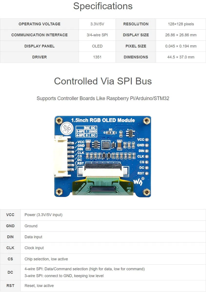 Waveshare 1.5inch RGB OLED Display Module 128x128 16-bit SPI