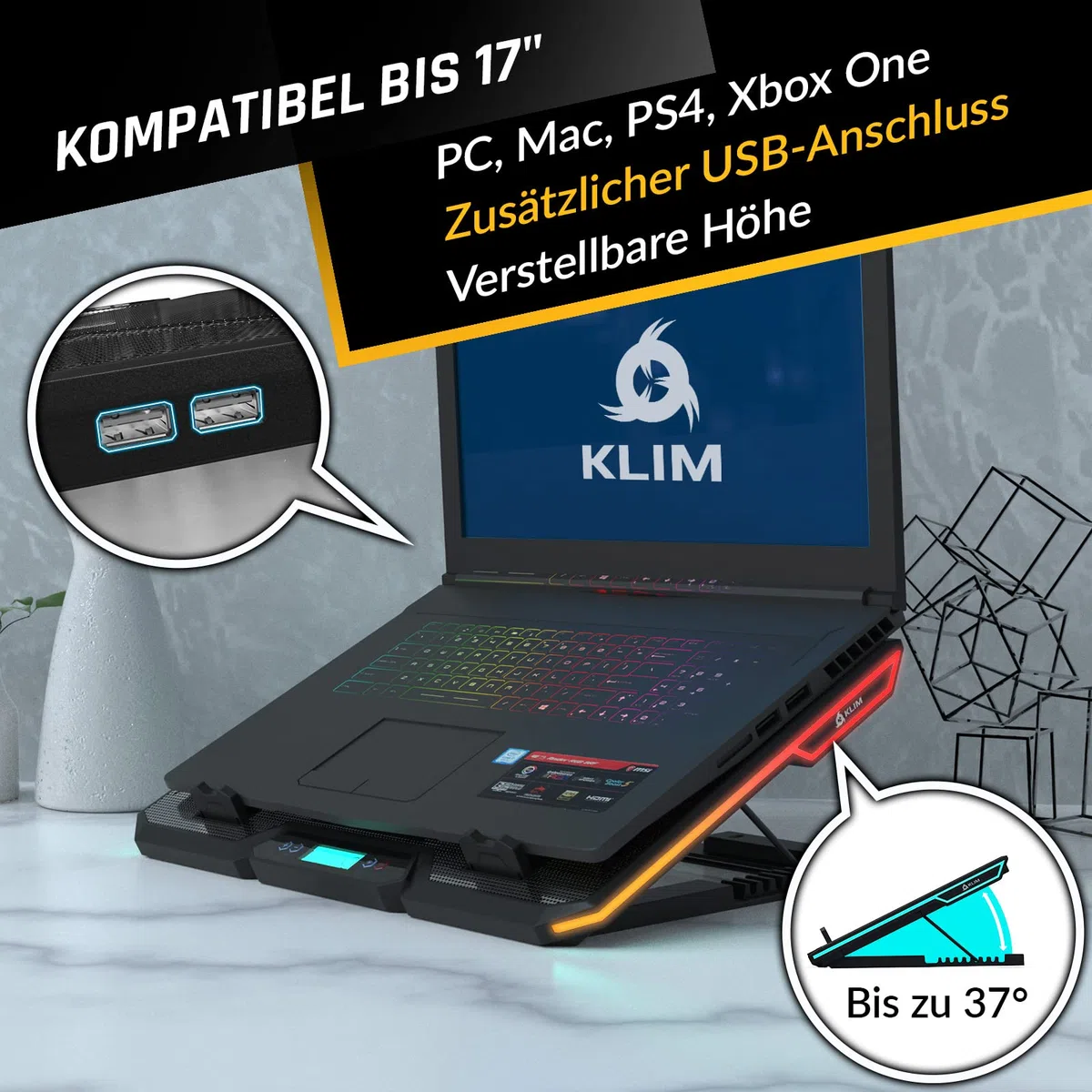 KLIM Glacier Laptop Kühler - Fans Laptops Kühler Stand mit RGB-Hintergrundbeleuchtung - 11" - 17" - Gaming Laptop Lüfter - USB Powered - Stabil und leise - Für PC, Mac, Xbox One, PS4