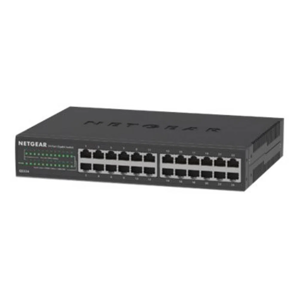 Netgear GS324 24 Port Switch Gigabit Ethernet LAN (Plug-and-Play Netzwerk, lüfterlos, 19 Zoll Rack-Montage, Robustes Metallgehäuse), Schwarz
