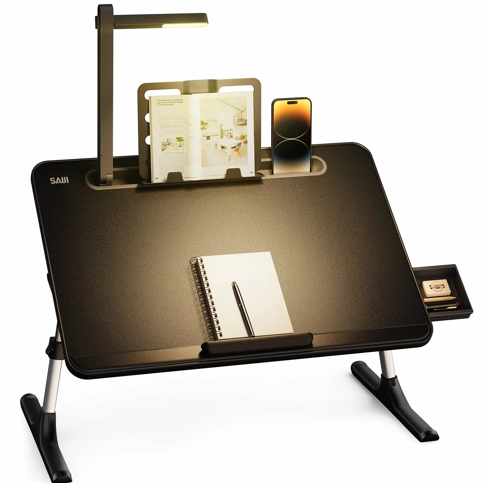 Tisch Bett Laptoptisch, SAIJI Bett Tisch mit LED Lampe, Höhen Winkel verstellbar, mit Buchständer, Schublade, Lap Stopper, Tablet Schlitz, Schlittenbeine
