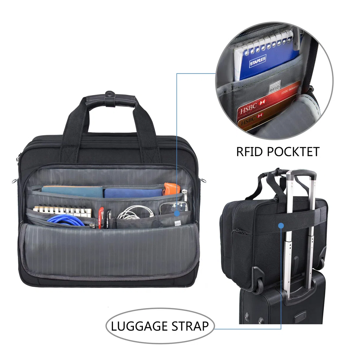 KROSER Trolley Business, Handgepäck Koffer, Rolling Case mit Rädern Bis zu 17,3 Zoll Laptop wasserdichte Übernacht-Rolltasche mit RFID-Taschen für Reisen/Schule/Männer/Frauen-Schwarz MEHRWEG