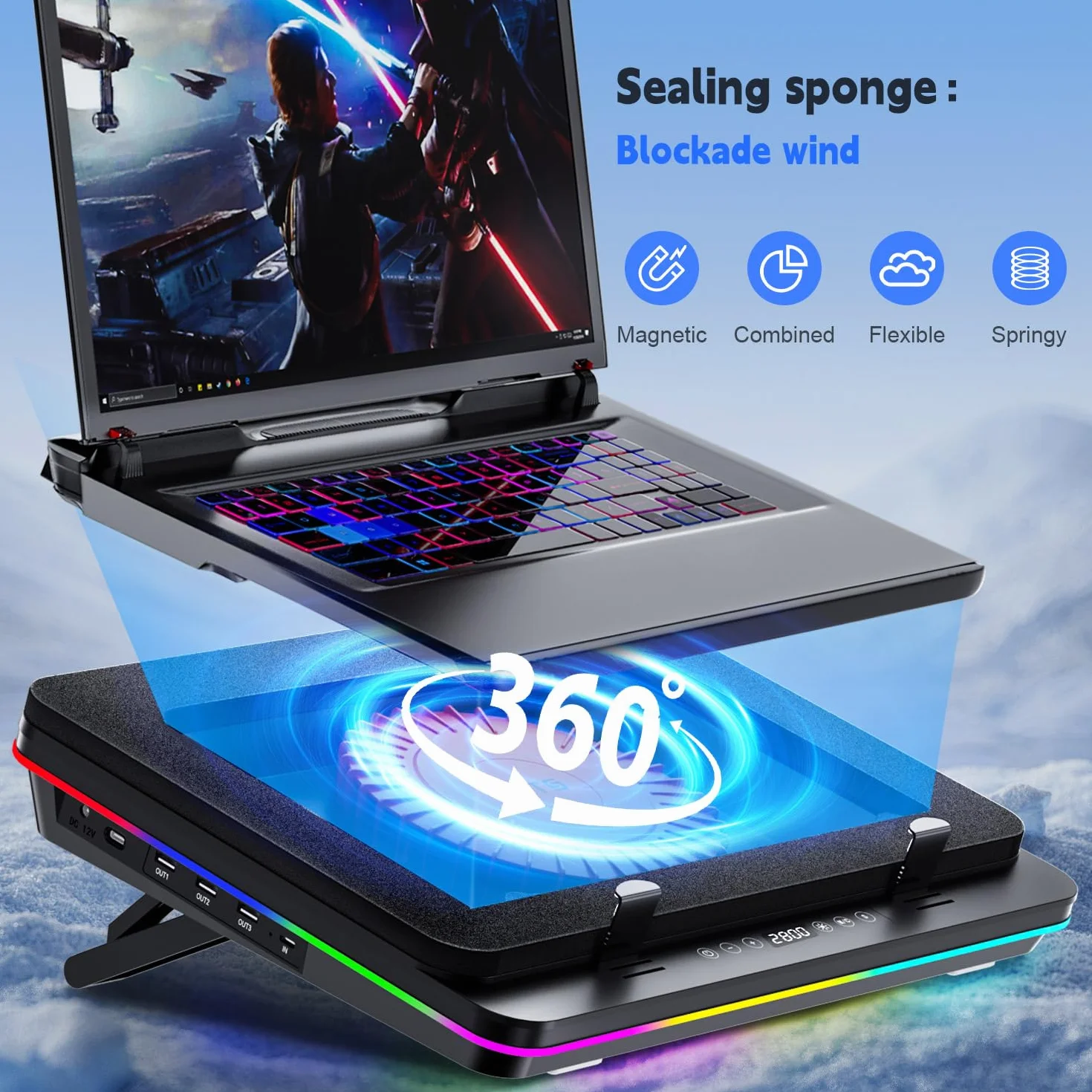 IETS GT600 RGB Laptop-Kühlpad mit 14CM Turbo-Lüfter, versiegeltem Schaumstoff für schnelle Kühlung von Gaming-Laptops, 14,1-19,3-Zoll-Laptop-Kühler mit 3-Port-USB-Hub und Staubfilter,Touch-Start