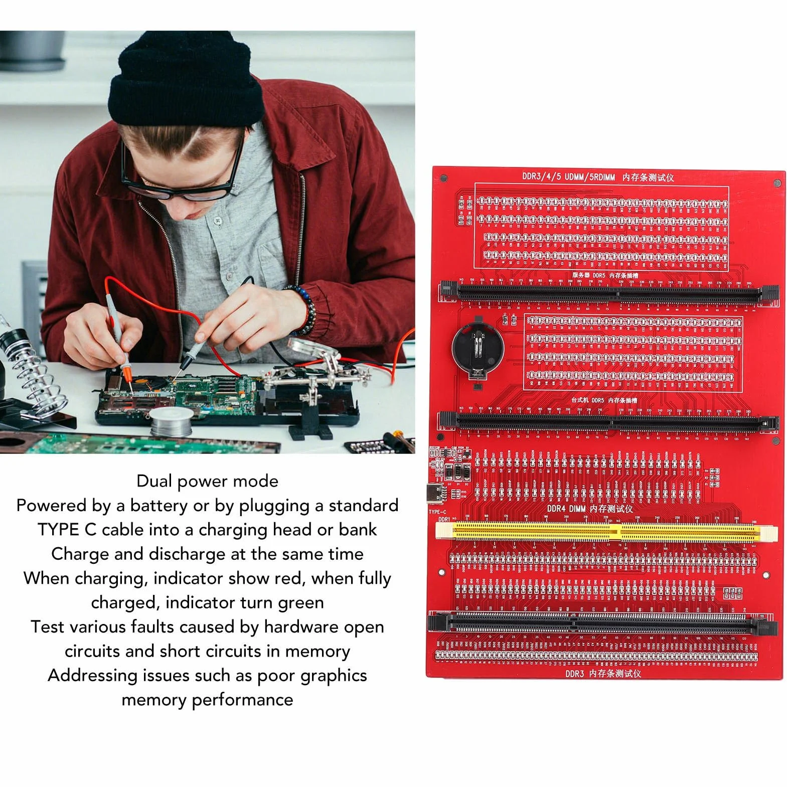 RAM-Speicher-Diagnostesterkarte, DDR3 DDR4 DDR5-Lesegerät-Testgerät mit LED-Leuchten, Tragbar für PC-Motherboard-RAM-Speicherwartung
