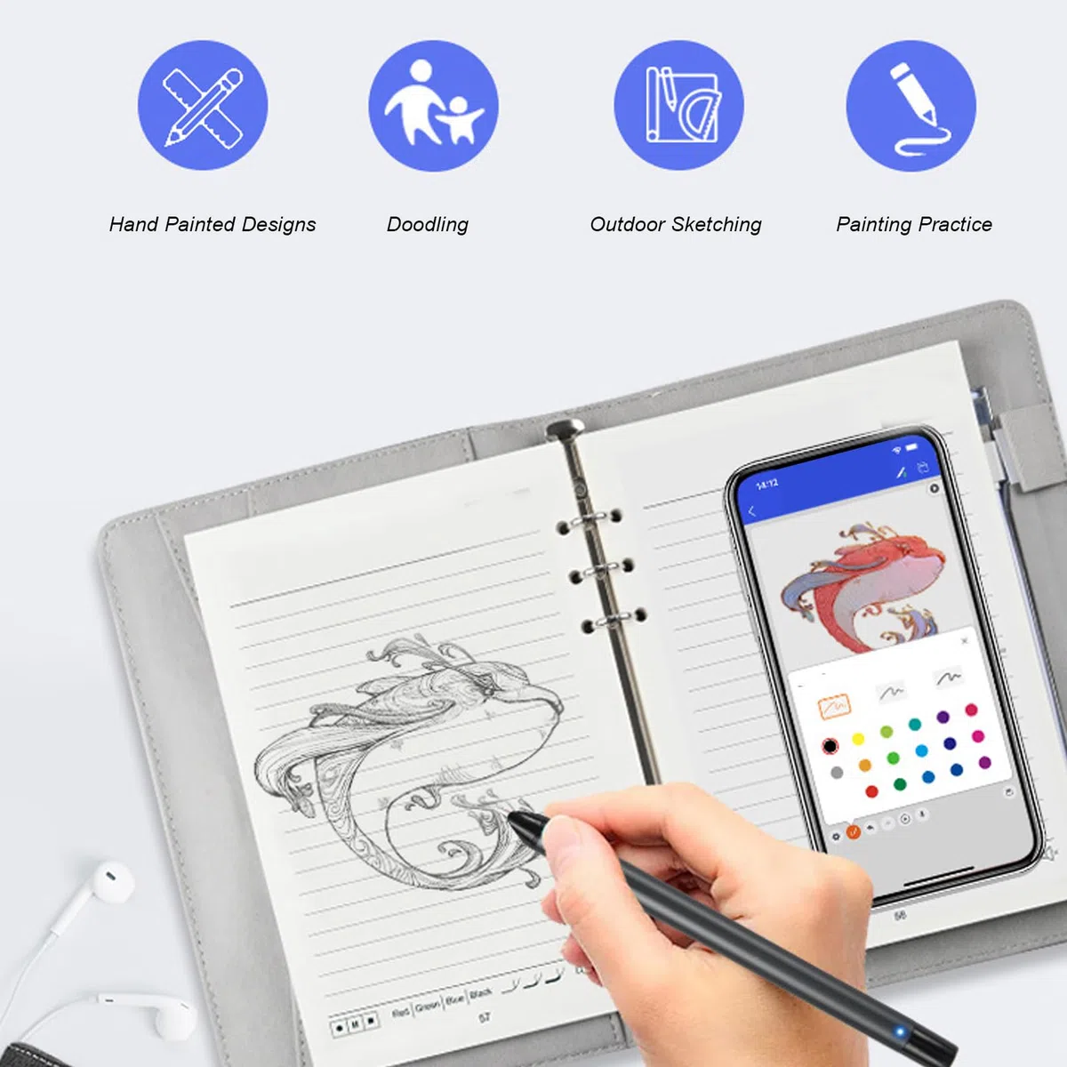 Dpofirs Digitales Notizbuch mit Smart Pen, Echtzeit -Synchronisation, Textkonvertierung über Bluetooth, Handschrift für Text, 80 -Seiten -Schreibsatz für Telefone Tablets (Black)
