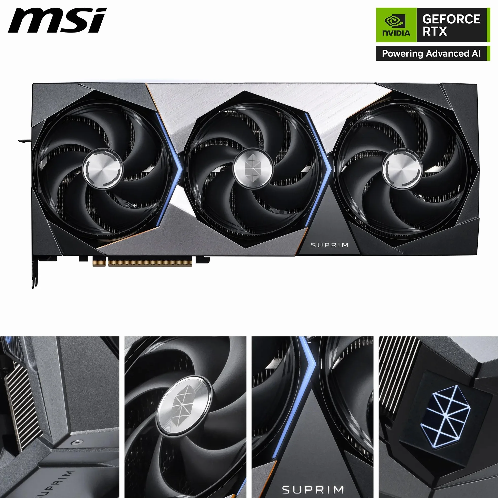 MSI GeForce RTX 5090 32G SUPRIM SOC — 32GB GDDR7 (28Gbps/512-bit), PCIe 5, Boost: 2565 MHz, HDMI 2.1b, DisplayPort 2.1b