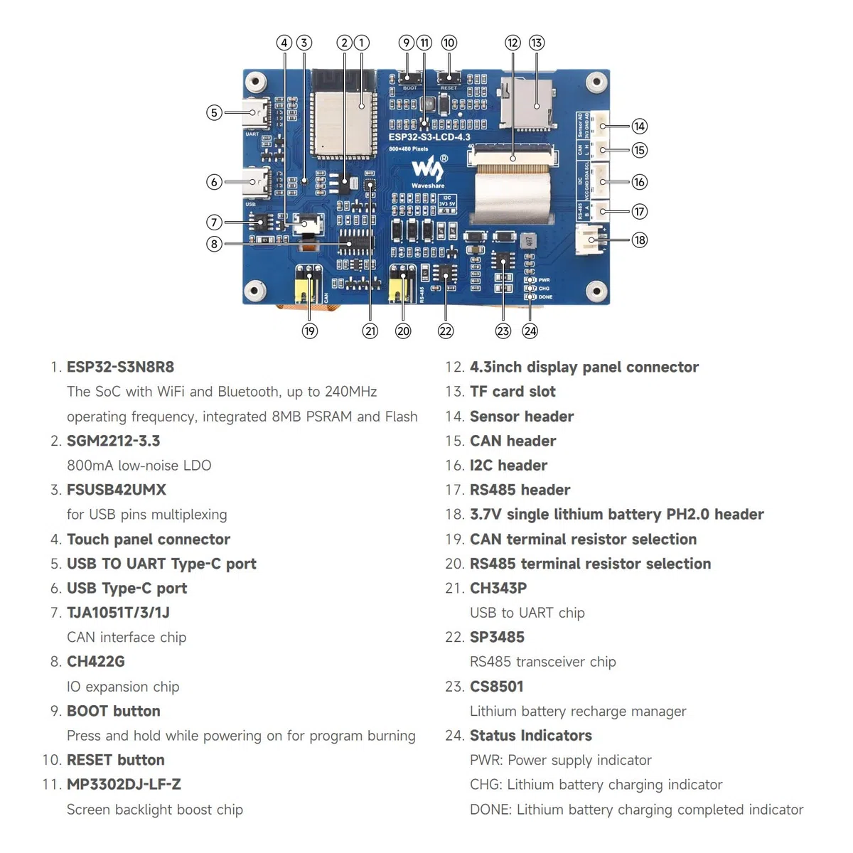Waveshare ESP32-S3 4.3inch Capacitive Touch Display Development Board 800x480 5-Point Touch 32-Bit LX7 Dual-Core 240MHz WiFi