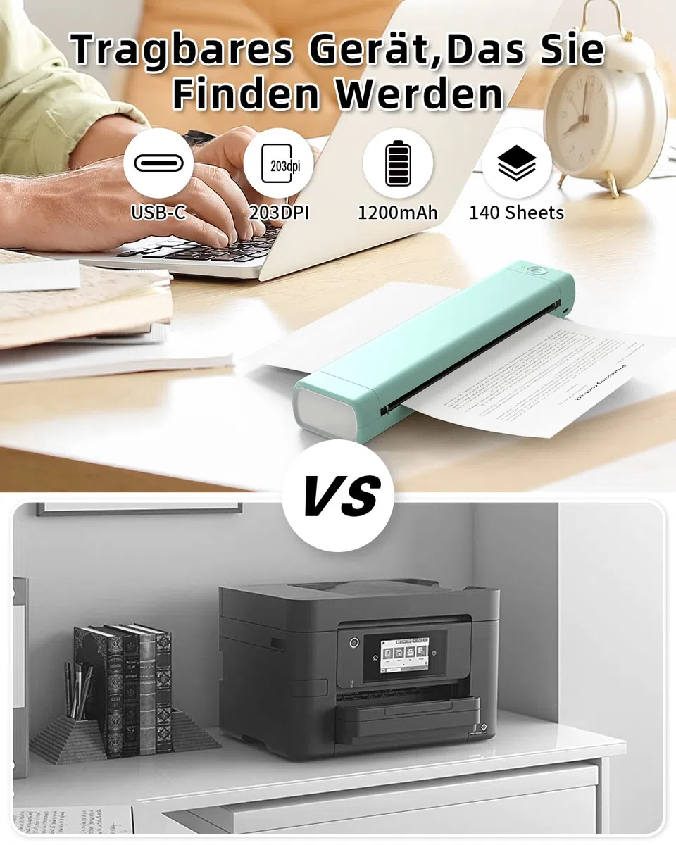 Phomemo M08F A4 Tragbarer Thermodrucker, Mobiler Monochrom Drucker unterstützt 210x297mm A4 Thermopapier, Bluetooth Drucker für Auto, Büro, Zuhause, für Phone & PC mit 1 Aufbewahrungskoffer