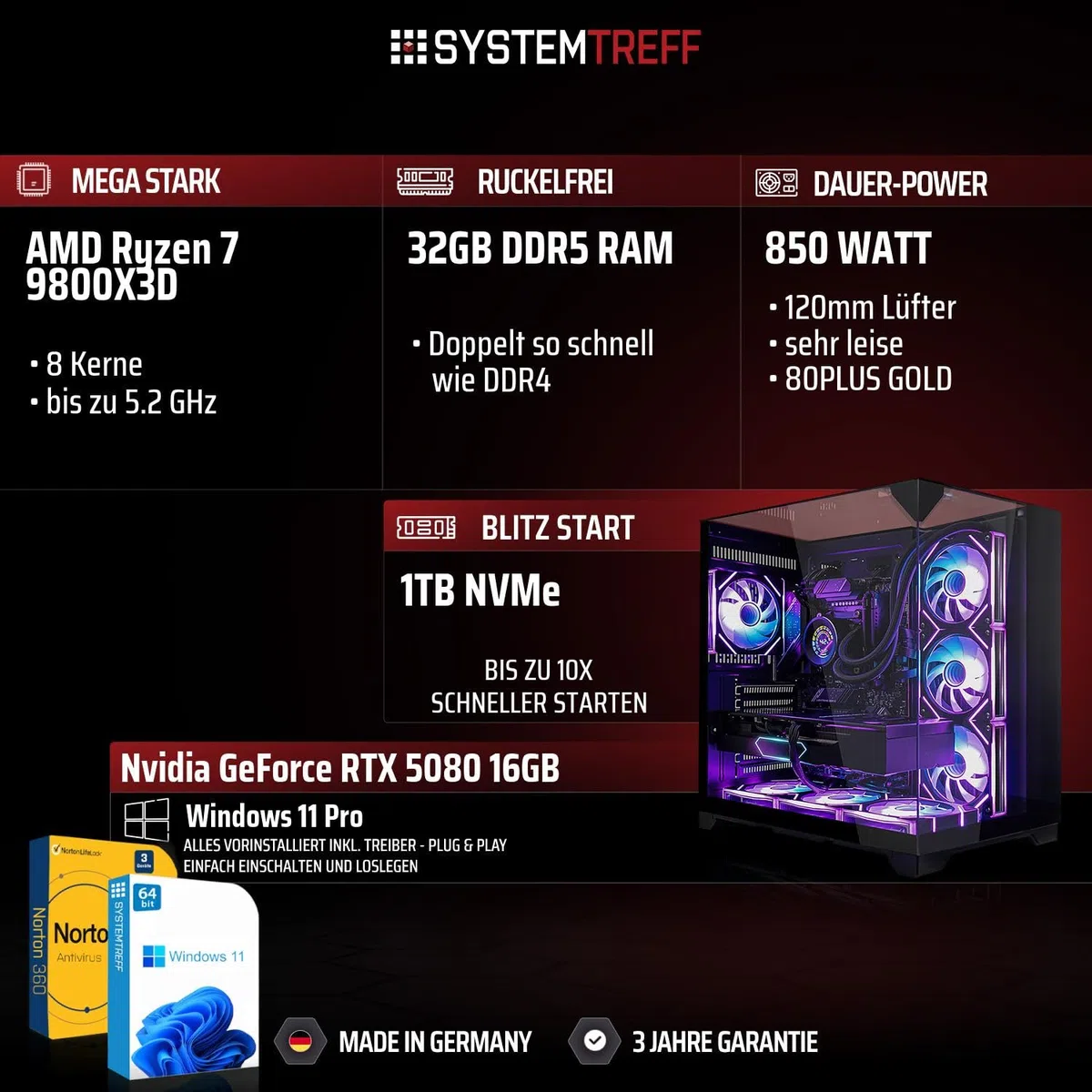 SYSTEMTREFF High-End Gaming PC AMD Ryzen 7 9800X3D 8x5.2GHz | Nvidia RTX 5080 16GB DX12 | 1TB M.2 NVMe | 32GB DDR5 RAM | Windows 11 | Desktop Computer Rechner für Gamer, Zocker & Streamer