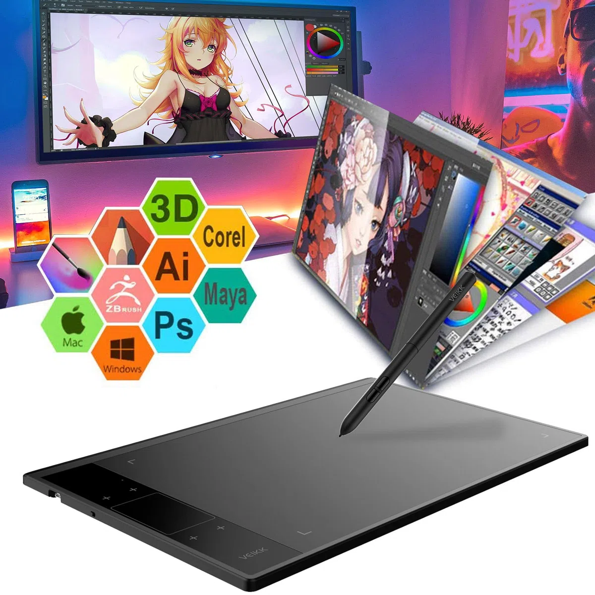 Grafiktablett VEIKK A30 V2 10x6 Zoll mit 4 Sensortasten und einem Gestenpad,Grafiktabletts mit Batterielosem Stift und 8192 Druckstufen, Drawing Tablet Kompatibel mit Win/Linux/Android/Mac