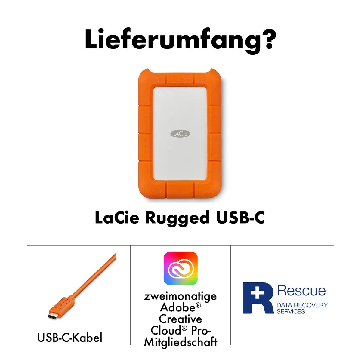 LaCie Rugged 5TB tragbare Externe Festplatte, 2.5 Zoll, PC & Mac, inkl. USB-C w/o USB-A Kabel, . Rescue Service (STFR5000800)