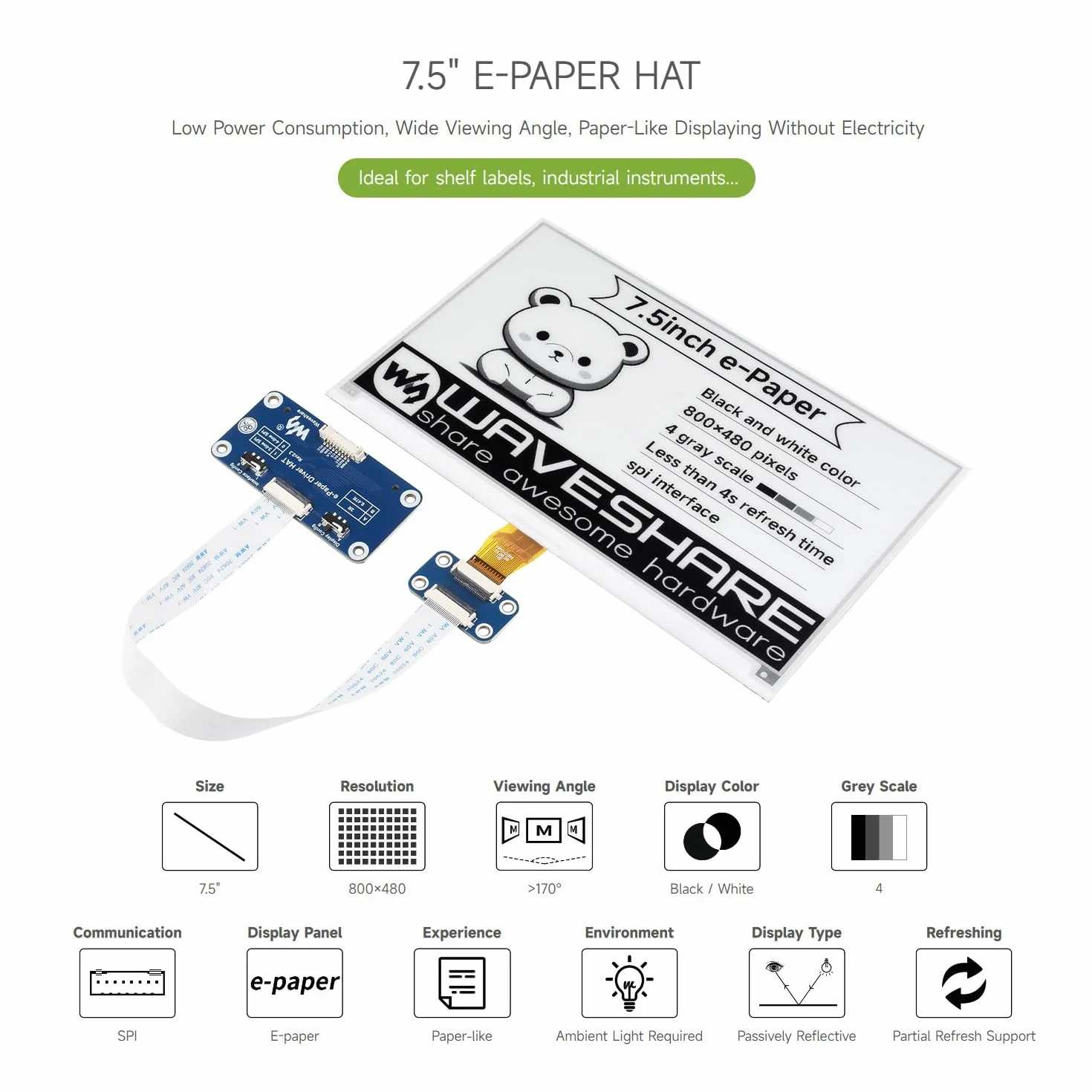 Waveshare 7.5 inch E-Paper Display Hat V2 800x480 3.3v/5v E-Ink Screen SPI Interface for Raspberry Pi Jetson Nano STM32