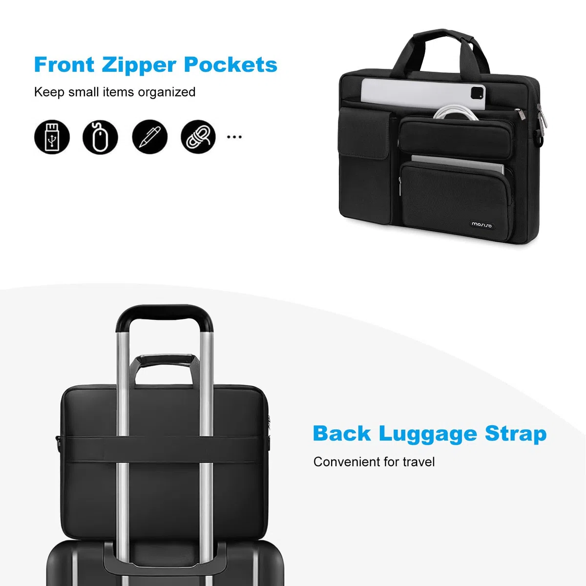 MOSISO Laptoptasche 16 Zoll, 15-15,6 Zoll Laptop Schultertasche Kompatibel mit MacBook Pro 16 Zoll, HP, Dell, Lenovo, Laptop Umhängetasche mit 2 Erhöhte&1 Klappe&1 Beutel&Griff&Gürtel, Schwarz