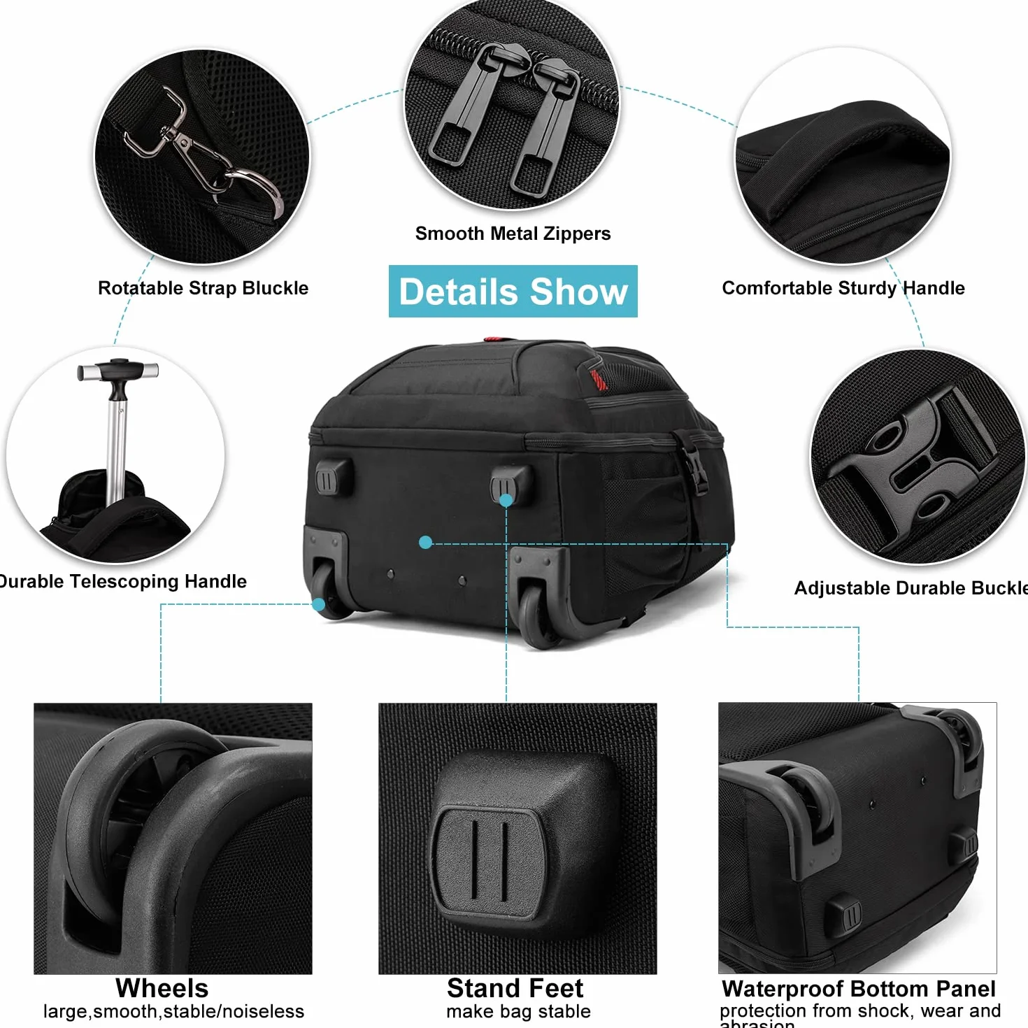 Laptop Trolley Rucksack Business Rolling 17 Zoll Laptop Rucksack mit Rädern Handgepäck Groß Rucksack Laptoptasche Rollkoffer für Herren Damen Wasserdichte Aktenkoffer für Reisen/Männer/Frauen-Schwarz
