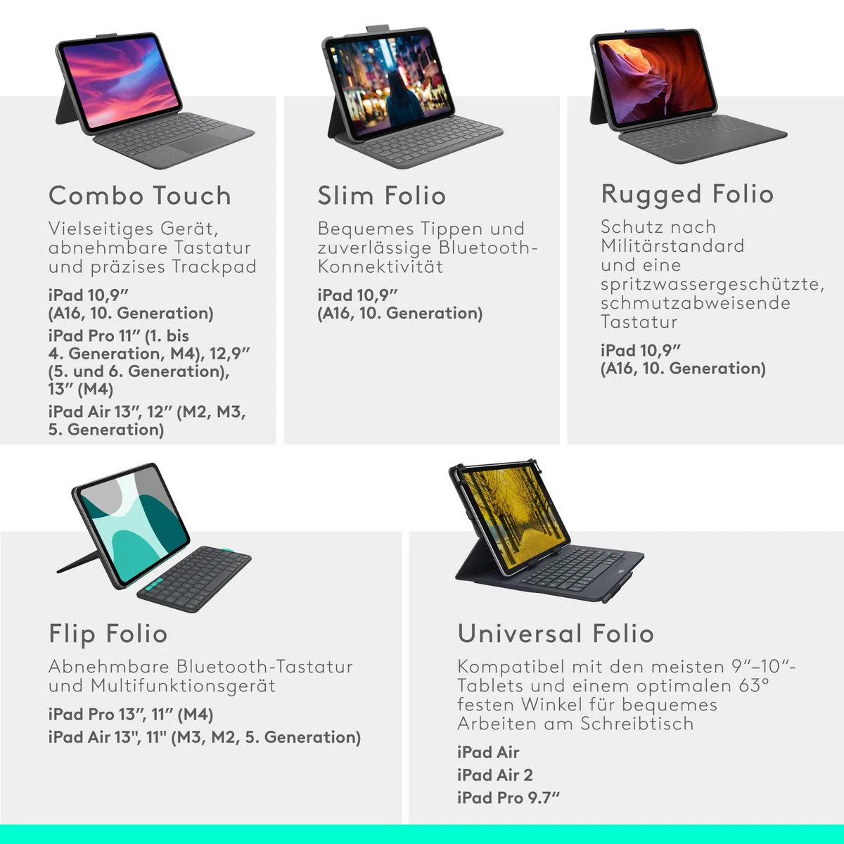 Logitech Combo Touch iPad Pro 11 Zoll (M4 und M5) (2024 und 2025) Tastatur-Case – Abnehmbare Tastatur mit Hintergrundbeleuchtung und Halterung, komfortables Tippen, Multi-Use-Modus,DEU QWERTZ- Graphit