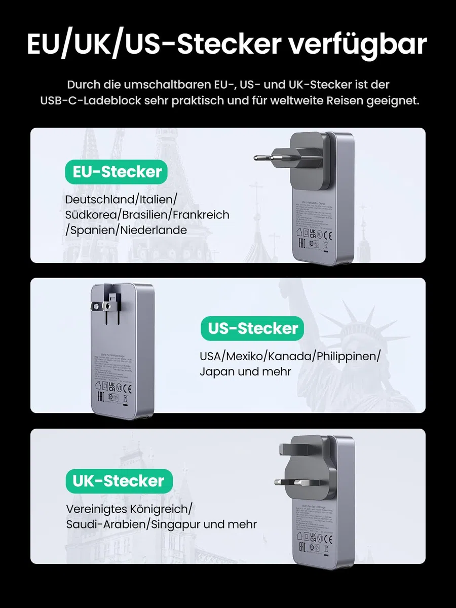 UGREEN Nexode Pro 65W USB C Ladegerät Slim mit EU/US/UK Stecker GaN USB-C Netzteil 3-Port Charger Schnellladegerät kompatibel mit MacBook, iPad, iPhone 17, Galaxy S25 Ultra, Dell XPS