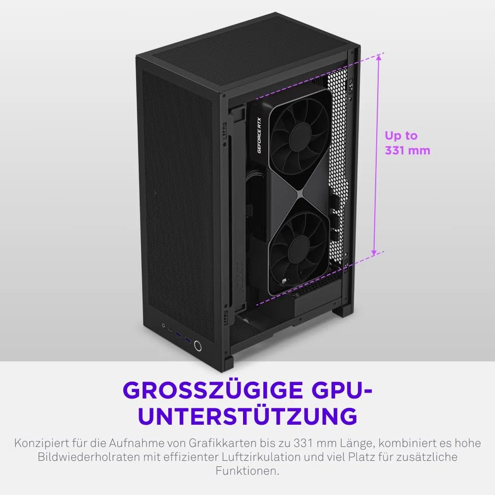 NZXT H2 Flow – Mini-ITX 20,7L High-Airflow PC-Gehäuse – Inkl. 2 x 120-mm-Lüfter Oben & PCIe 5.0-Riser Cable– 331-mm-Grafikkarte – 280-mm-Radiator – Schwarz