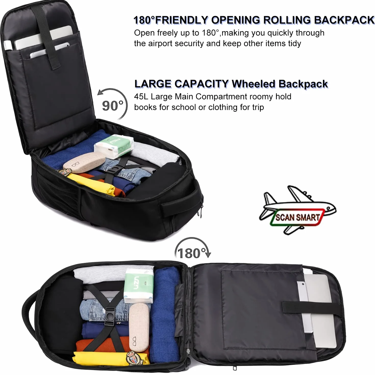 Laptop Trolley Rucksack Business Rolling 17 Zoll Laptop Rucksack mit Rädern Handgepäck Groß Rucksack Laptoptasche Rollkoffer für Herren Damen Wasserdichte Aktenkoffer für Reisen/Männer/Frauen-Schwarz