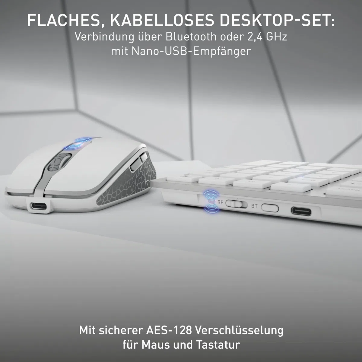 CHERRY DW 9100 Slim, Kabelloses Tastatur- und Maus-Set, Deutsches Layout (QWERTZ), Bluetooth & 2,4 GHz Funk, Leise Tasten, Wiederaufladbar, Weiß-Silber