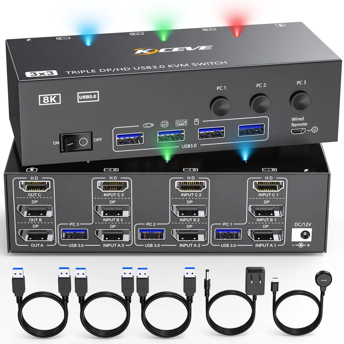 KVM Switch 3 Monitore 3 PC, Displayport HDMI USB 3.0 KVM-Umschalter Dreifachanzeige, unterstützt 4K@60 Hz für 3 Computer
