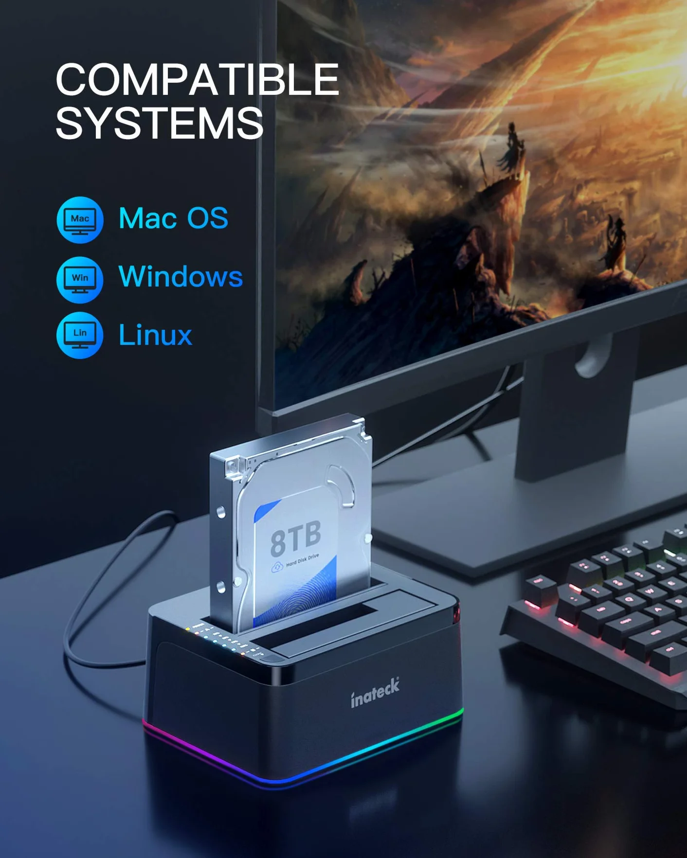 Inateck RGB Festplatten Dockingstation USB 3.0 mit Offline-Klonfunktion, für 2.5 u. 3.5 Zoll SATA HDDs und SSDs, UASP Unterstützt, Schwarz