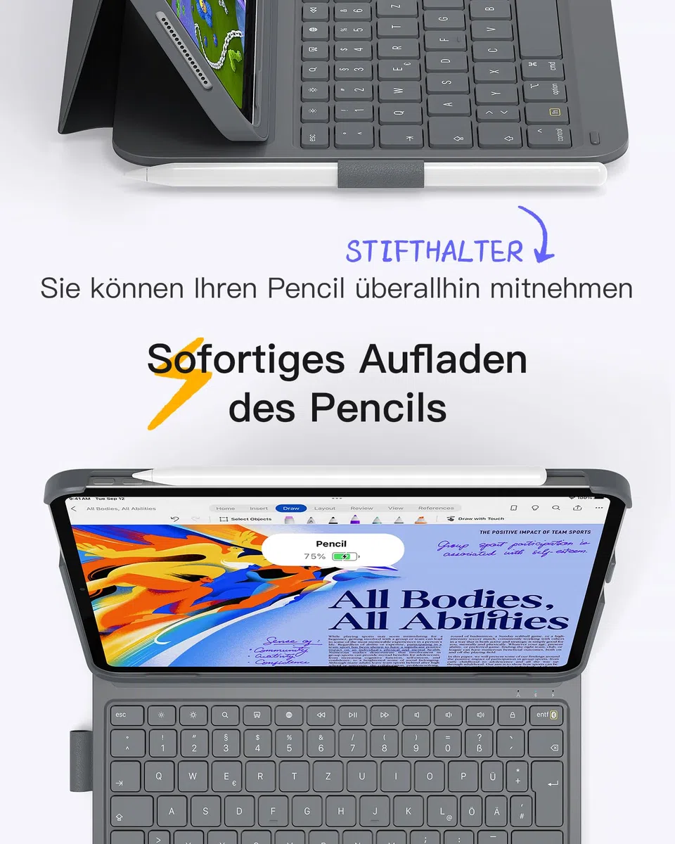 Inateck iPad 11(A16) Hülle mit Tastatur, iPad 10 Gen. Hülle mit Tastatur, für iPad Air 11" M4/ M3/M2 (2026/2025/2024),Air 5/4, Pro 11,QWERTZ,Ultraleichte Tastatur mit Stifthalter,AirTap BK2007