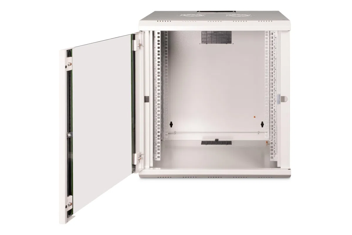 DIGITUS Netzwerk-Schrank 19 zoll 12 HE - Wandmontage - 600 mm Tiefe - Traglast 100 kg - Unique Serie - Glastür - Grau | Nutztiefe 450 mm – Wandmontage – Traglast 100 kg – Sicherheitsglastür – Schutzklasse IP20