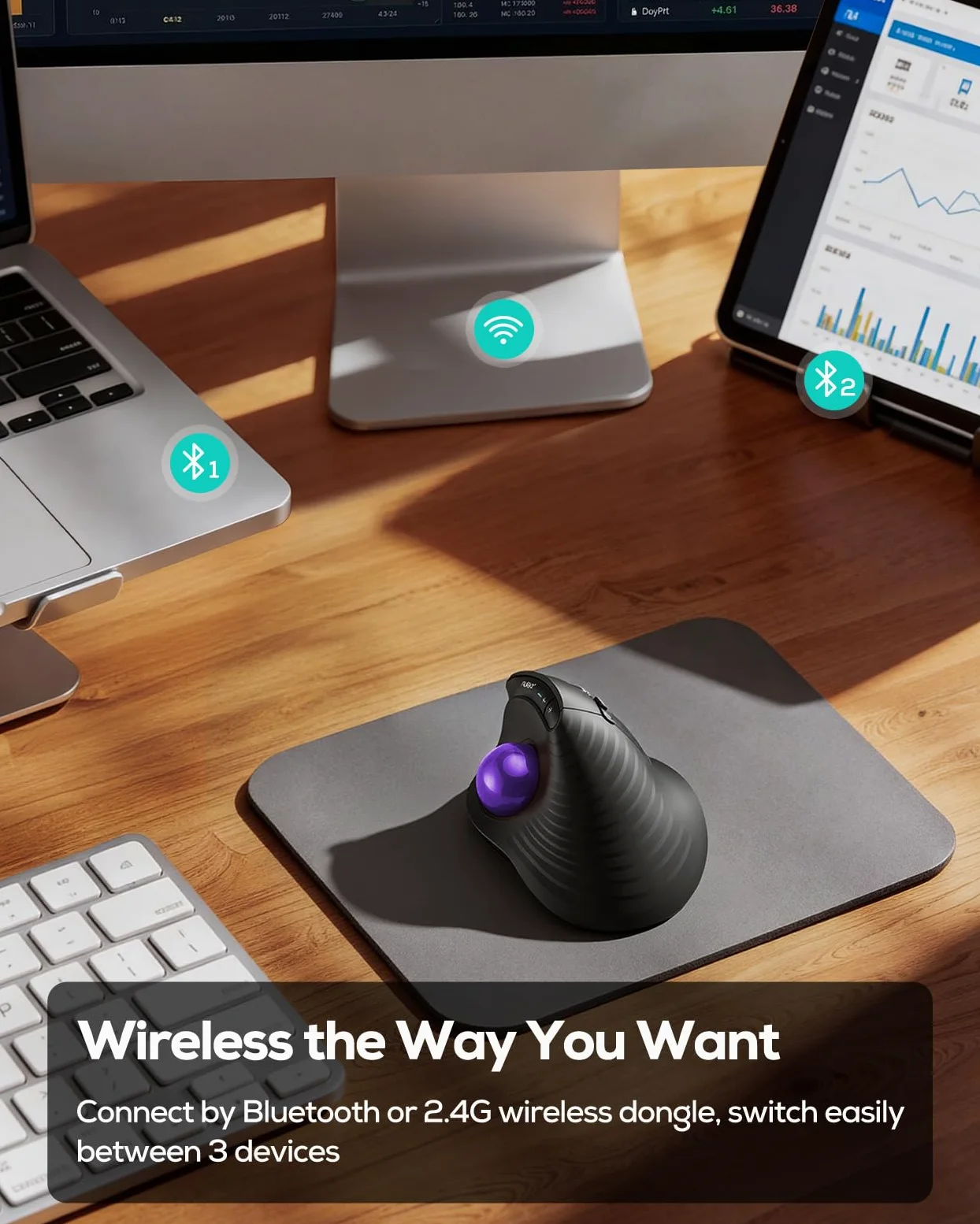 Nulea M514 Vertikale Trackball-Maus, ergonomische drahtlose Daumensteuerungsmaus mit leisen Klicks, 3-Geräte-Verbindung (Bluetooth & USB-Empfänger), aufladbar für PC/Mac/Laptop/Tablet, lila