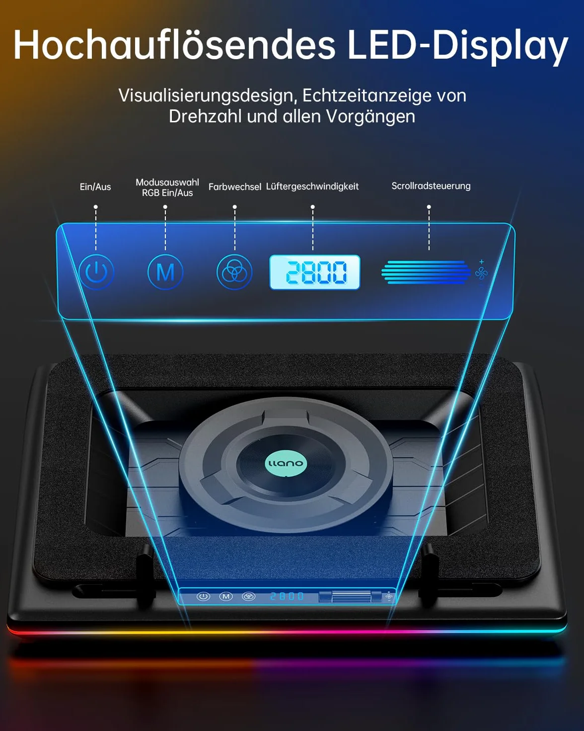 llano RGB Gaming Laptop Kühler Kühlpad mit Touch-Bedienung stufenloser Geschwindigkeit &14cm Extra-groß Leistungsstarker Turbo-Lüfter Dichtungsschaum 3-Port-USB-Hub für 15-19 Zoll Notebook