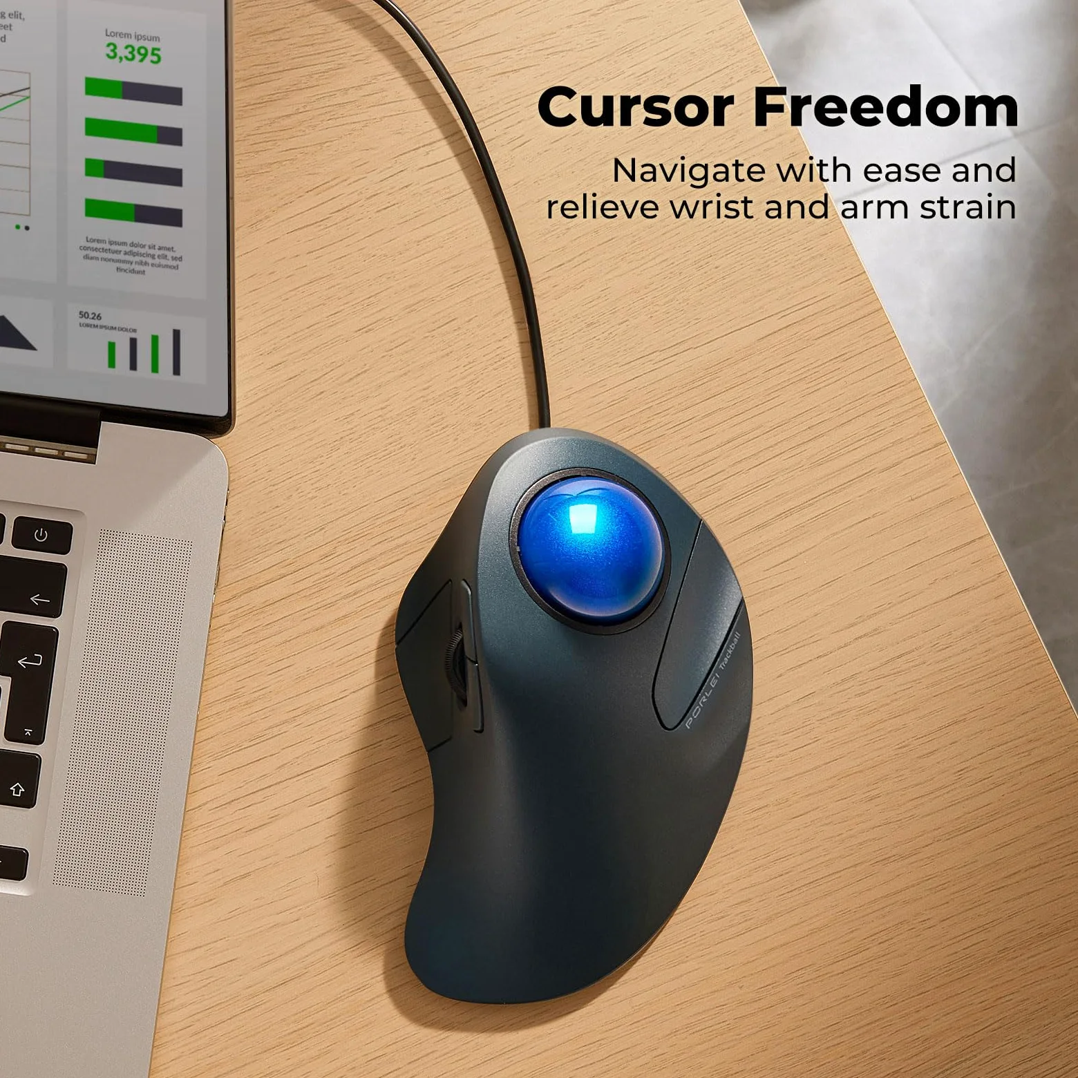 Kabelgebundene Trackball-Maus für große Hände, ergonomisches Design reduziert Belastung von Handgelenk und Muskeln, präzises Tracking mit einfacher Zeigefingersteuerung, kompatibel mit PC