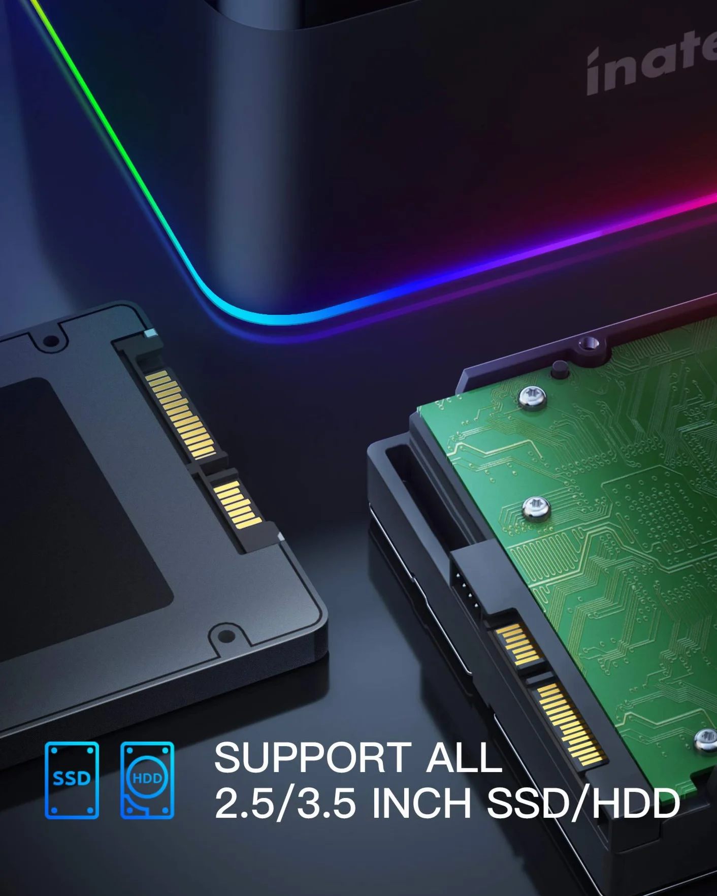 Inateck RGB Festplatten Dockingstation USB 3.0 mit Offline-Klonfunktion, für 2.5 u. 3.5 Zoll SATA HDDs und SSDs, UASP Unterstützt, Schwarz