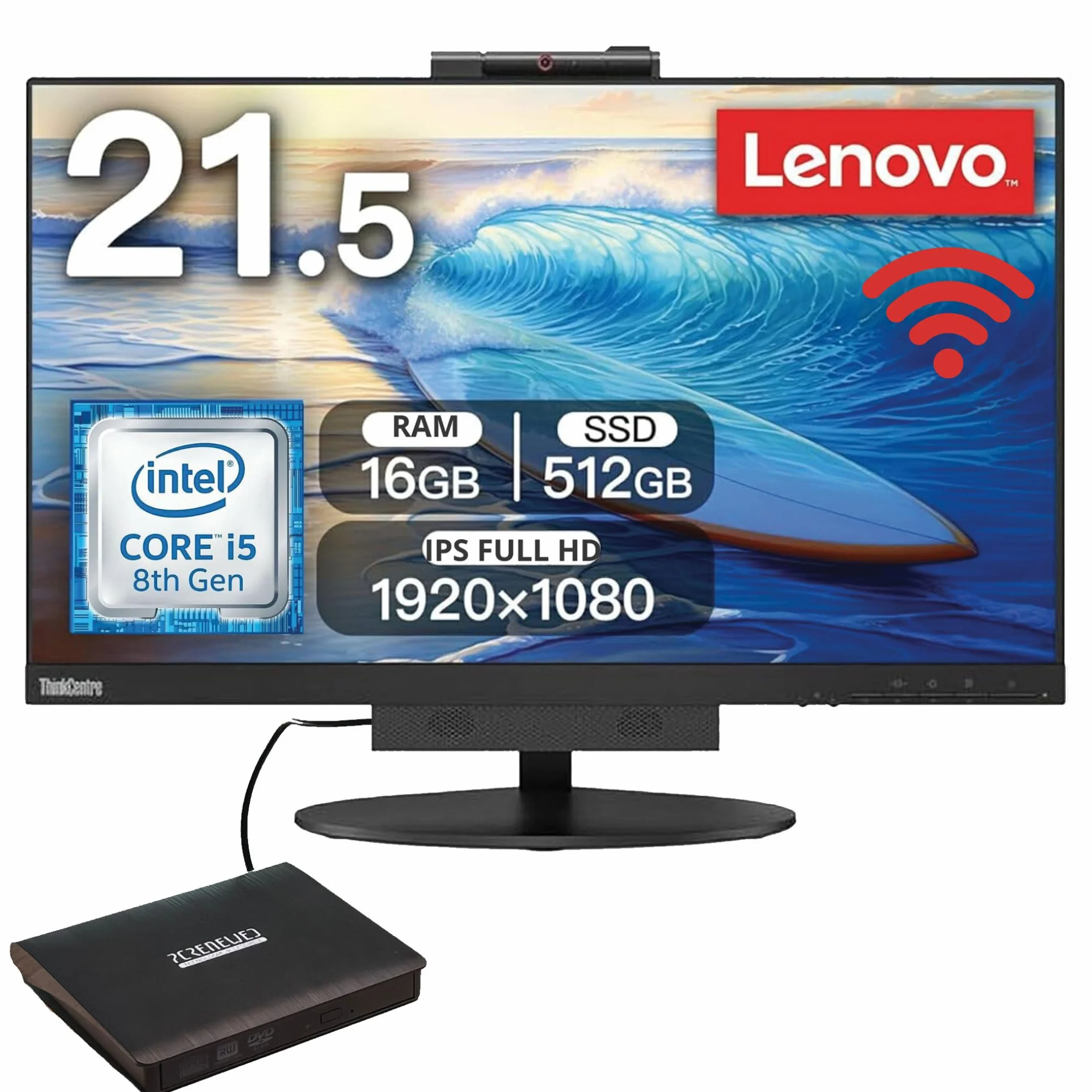 Lenovo TIO 22 All-in-One-PC, Intel i5 8400T, 16 GB RAM, 512 GB SSD, Office 2021, Wi-Fi und Bluetooth, DVD RW enthalten (Generalüberholt)
