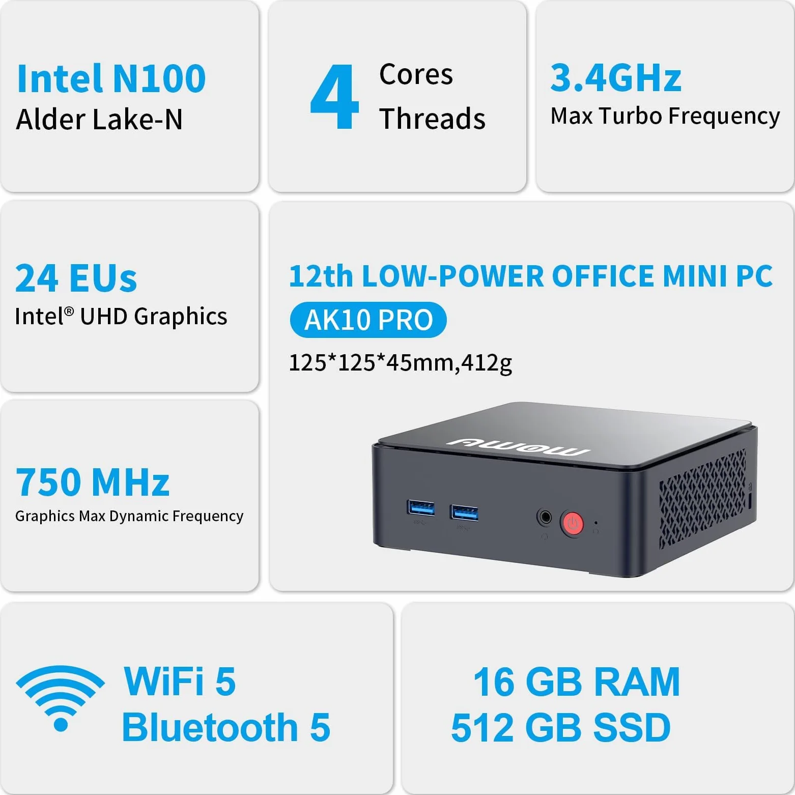 AWOW AK10 Mini PC N95 (bis zu 3,4 GHz), 16GB RAM 512GB SSD, 4K UHD, WiFi 5, Bluetooth 5.2, Gigabit LAN – Mini-PC für Büro, Heimkino, Schule
