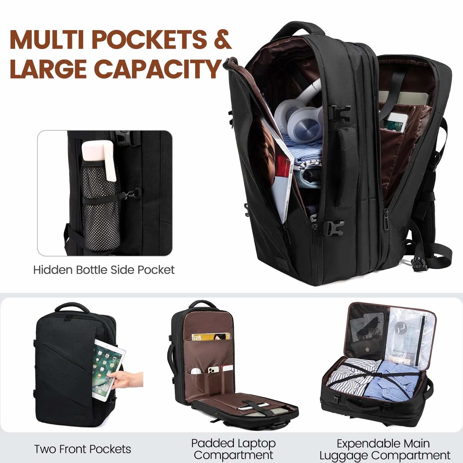LOVEVOOK Handgepäck Rucksack, 30L Reiserucksack Herren Damen Kofferrucksack Flugzeug Tasche, Travel Backpack Carry On Luggage für 15,6 Zoll Laptop, Reisetasche Koffer Cabin Bag für Reise, Schwarz