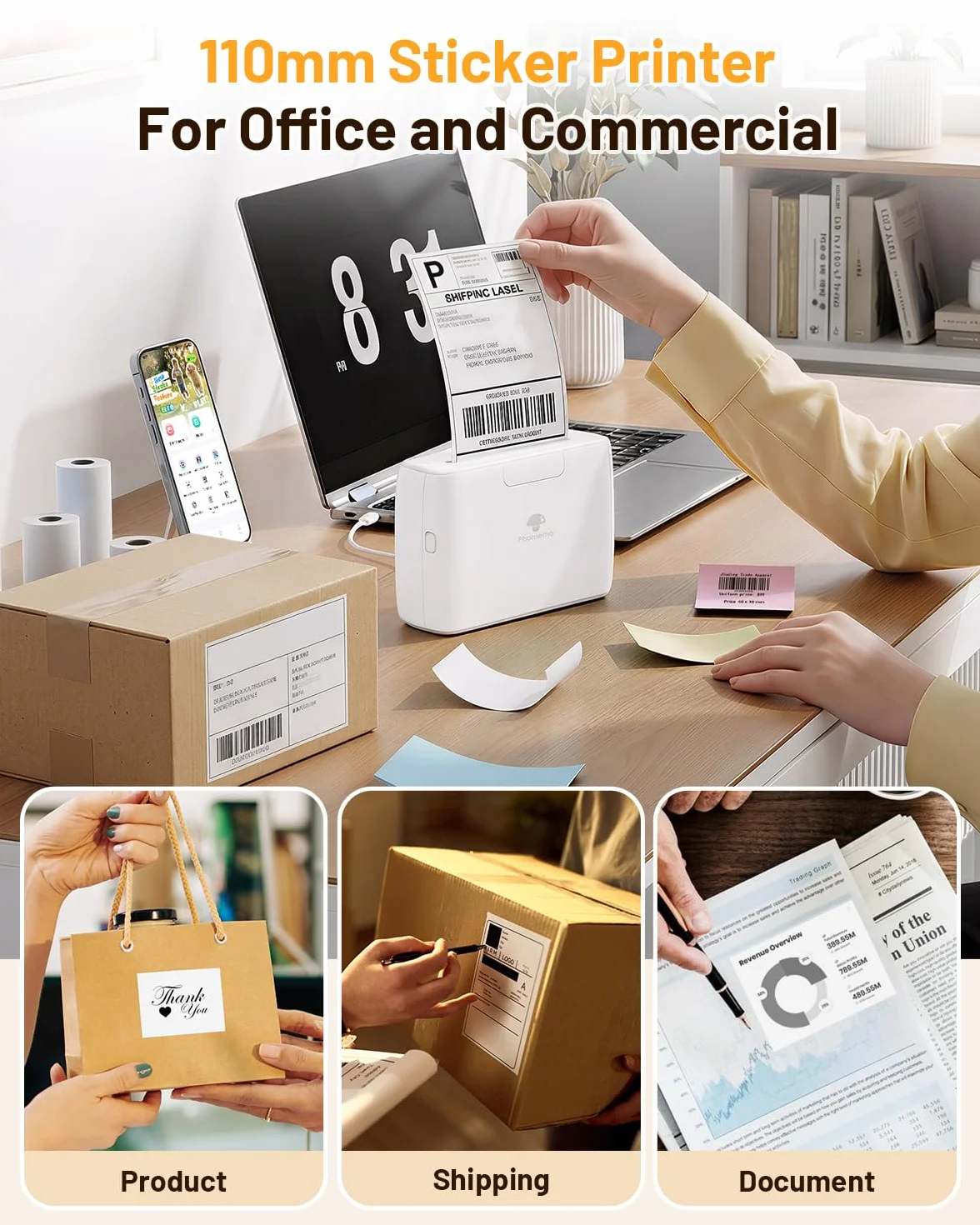 Phomemo M04S Mini Drucker, 110mm Sticker Drucker Etikettendrucker, 300 DPI Tragbarer Thermodrucker Kompatibel mit iOS & Android, für Journaling Zubehör, ersandetiketten,Dokumente,Fotos,Studiennotizen