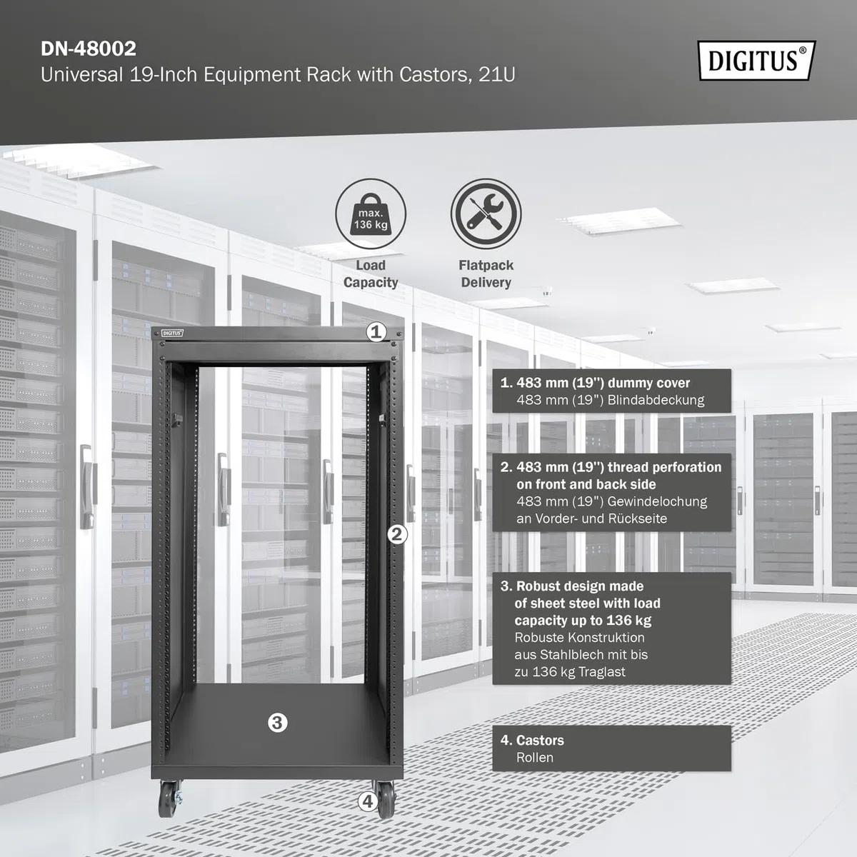 DIGITUS Universal 19 Zoll Rack – 21HE – Audio-Rack – Unmontiert – Schwarz | 457,8 mm Nutztiefe – EU oder US-Schraubgewinde – 136 kg Traglast – Mit Rollen und 1HE Blindpanel