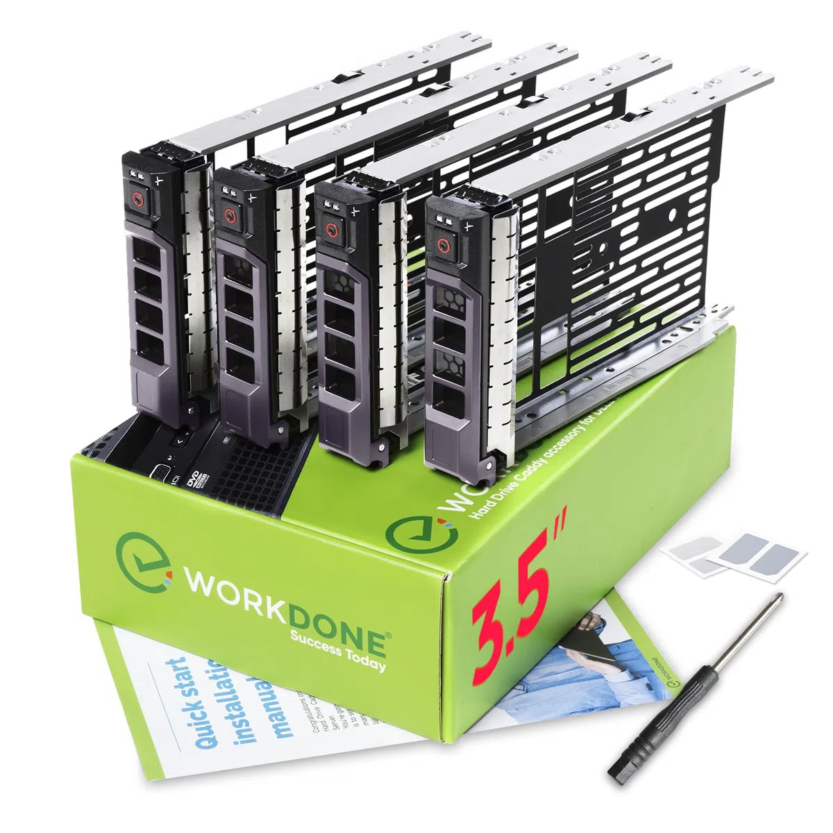 WORKDONE 4er-Pack - 3,5-Zoll Festplatten-Caddy - kompatibel für Dell PowerEdge Server - Handbuch - Aufkleber für Vorderseite - Schraubendreher - Schrauben für Festplattenfach