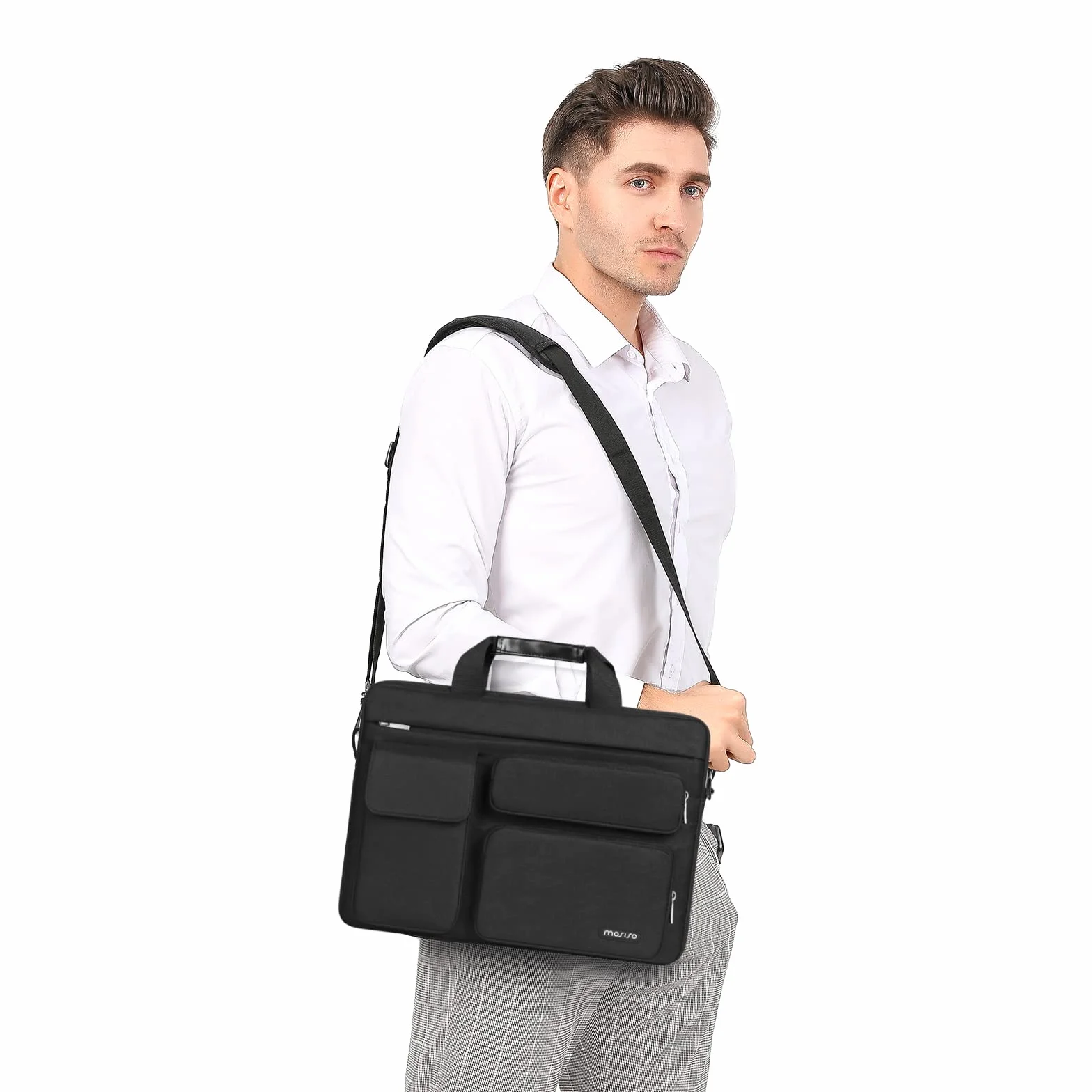 MOSISO Laptoptasche 16 Zoll, 15-15,6 Zoll Laptop Schultertasche Kompatibel mit MacBook Pro 16 Zoll, HP, Dell, Lenovo, Laptop Umhängetasche mit 2 Erhöhte&1 Klappe&1 Beutel&Griff&Gürtel, Schwarz