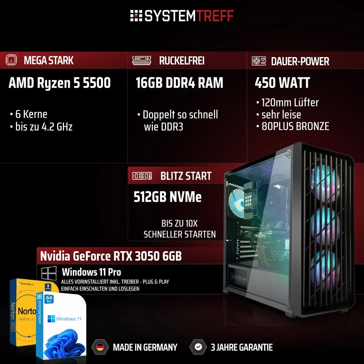 SYSTEMTREFF Basic Gaming PC AMD Ryzen 5 5500 6x4.2GHz | Nvidia RTX 3050 6GB DX12 | 512GB M.2 NVMe | 16GB DDR4 RAM | WLAN Desktop Computer Rechner für Gamer, Zocker