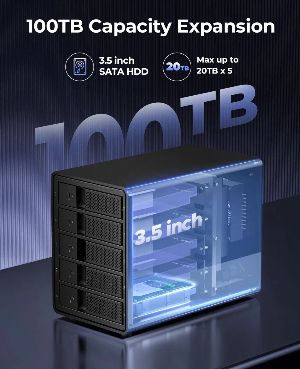 ORICO RAID 5 Bay Festplattengehäuse,USB 3.0 zu SATA Revision 3.0 Externes HDD Gehäuse für 3,5 Zoll HDD/SSD Festplatten,Unterstützt RAID 0/1/5/10, Max 80TB(9558RU3)